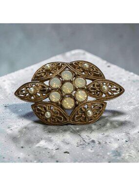 Sarah Coventry Vintage Estate Gold-Tone Brooch With Rhinestones & Faux Pearls
